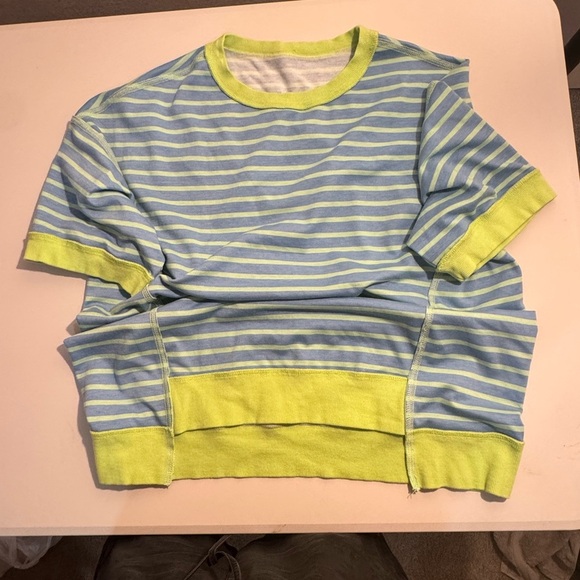 Striped Blue and Green Short Sleeve Top, Trendy Oversized shirt, soft and cute~! - Picture 2 of 2